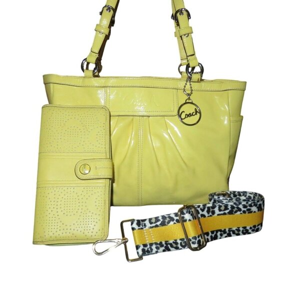 Coach Vibrant Yellow Pleated Patent Leather Tote Handbag & matching wallet